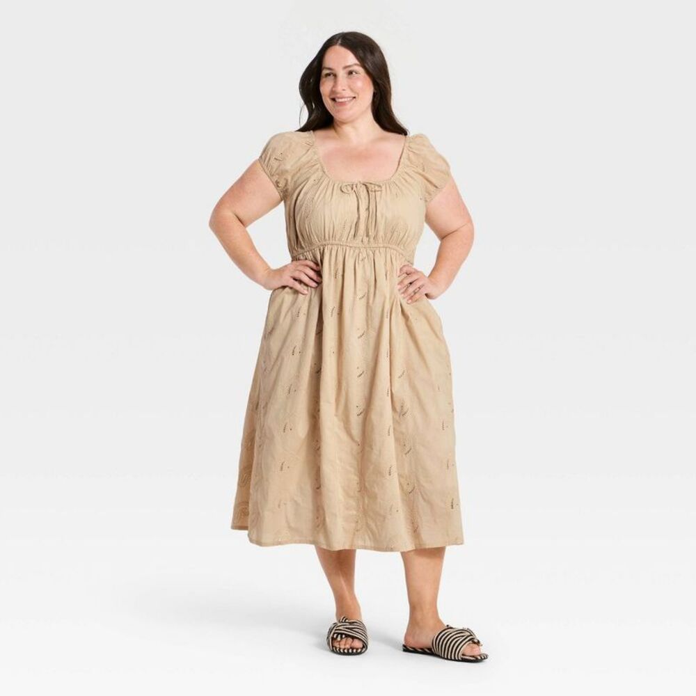 Women's Cap Sleeve Eyelet Midi Sundress - Universal Thread Tan 2X
